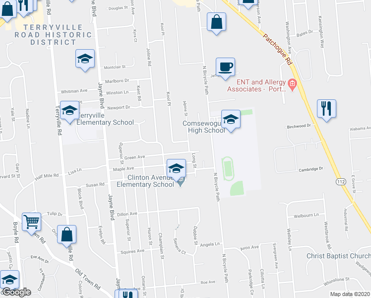 map of restaurants, bars, coffee shops, grocery stores, and more near 137 Greene Avenue in Amityville