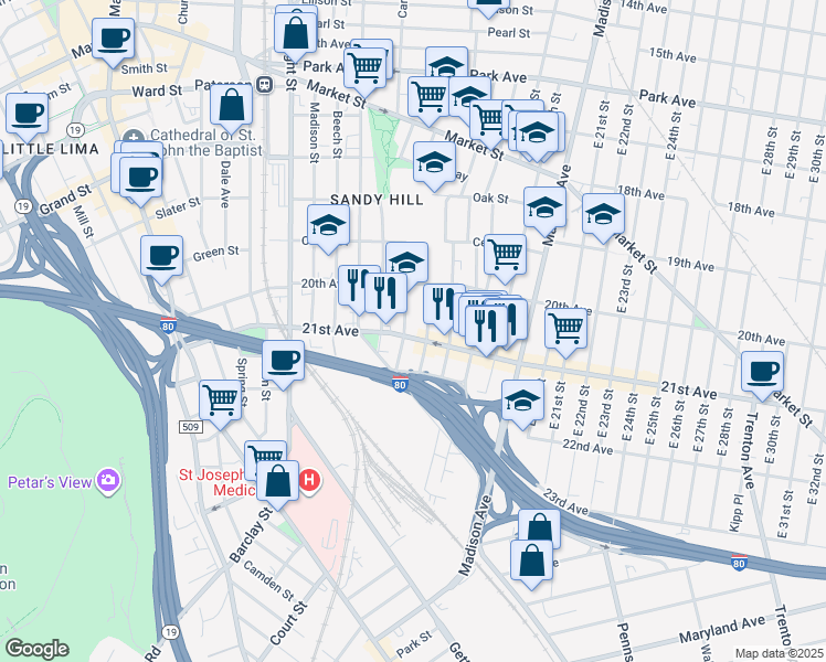 map of restaurants, bars, coffee shops, grocery stores, and more near 61 State Street in Paterson