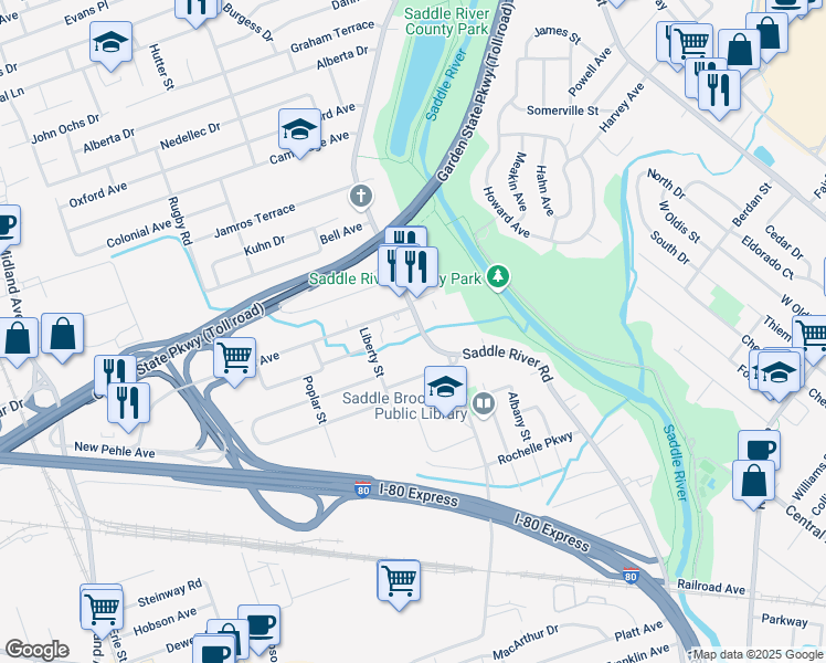 map of restaurants, bars, coffee shops, grocery stores, and more near 492 Saddle River Road in Saddle Brook