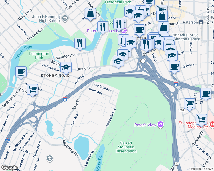 map of restaurants, bars, coffee shops, grocery stores, and more near 149 Summit St in Paterson