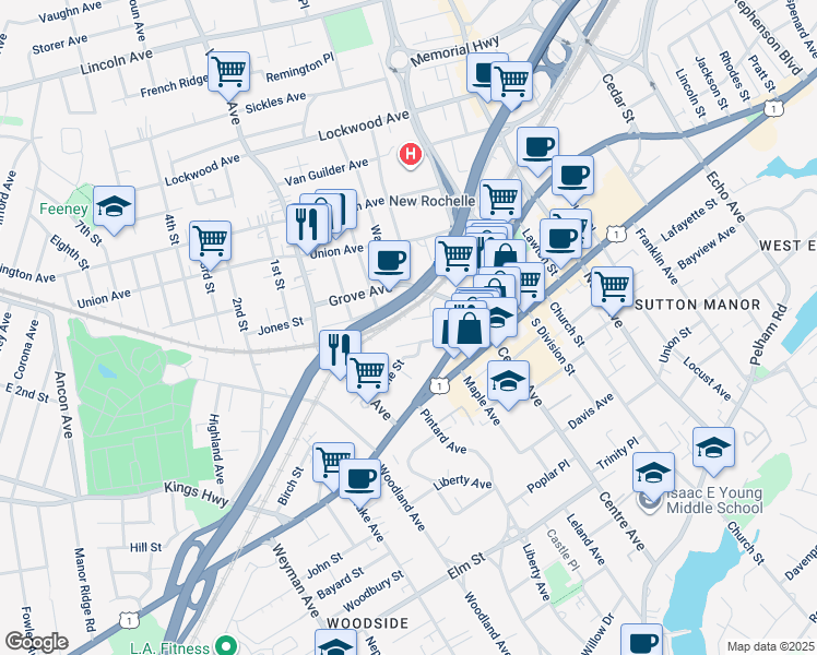 map of restaurants, bars, coffee shops, grocery stores, and more near 11 Crescent Avenue in New Rochelle