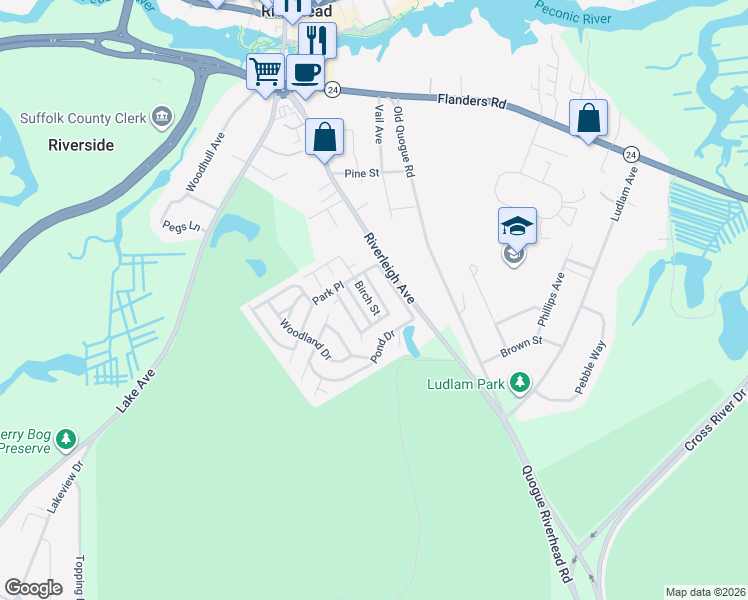 map of restaurants, bars, coffee shops, grocery stores, and more near 525 Riverleigh Avenue in Riverhead