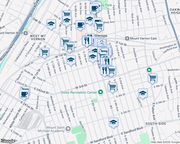 map of restaurants, bars, coffee shops, grocery stores, and more near in Mount Vernon