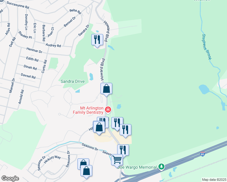 map of restaurants, bars, coffee shops, grocery stores, and more near 1 Post Road in Mount Arlington