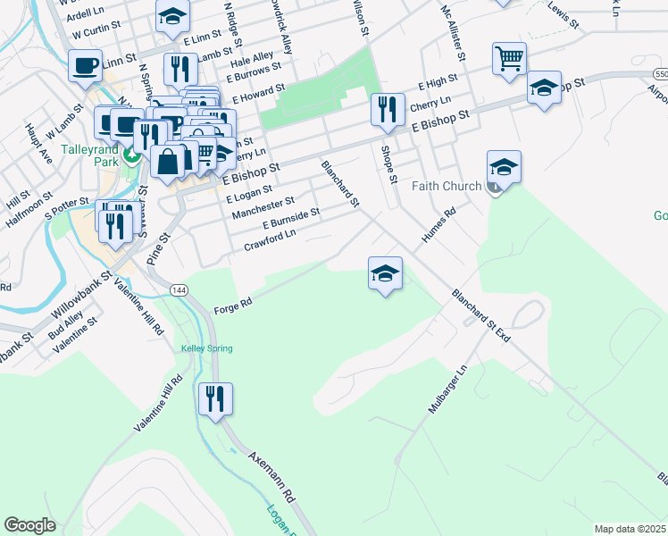 map of restaurants, bars, coffee shops, grocery stores, and more near 242 Forge Road in Bellefonte