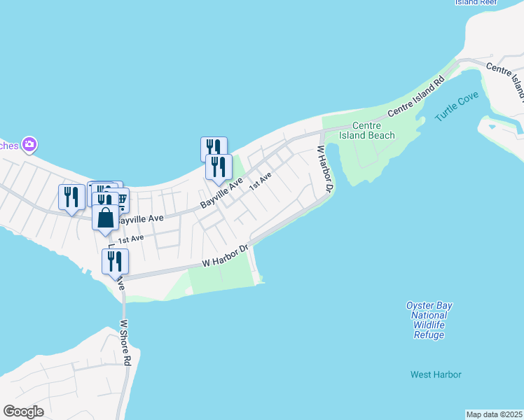 map of restaurants, bars, coffee shops, grocery stores, and more near 20 7th Street in Bayville
