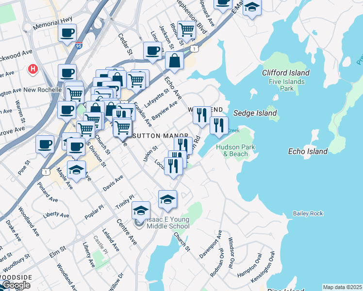 map of restaurants, bars, coffee shops, grocery stores, and more near 23 Park Avenue in New Rochelle