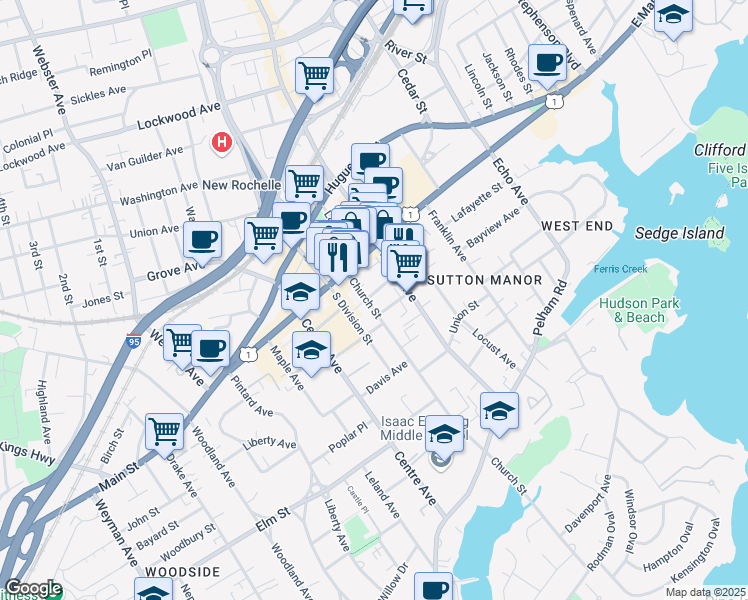 map of restaurants, bars, coffee shops, grocery stores, and more near in New Rochelle