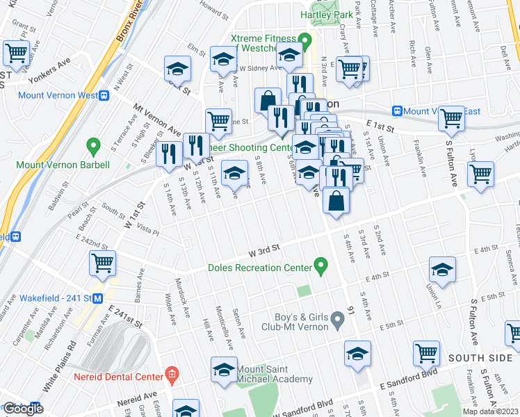 map of restaurants, bars, coffee shops, grocery stores, and more near 116 West 2nd Street in Mount Vernon