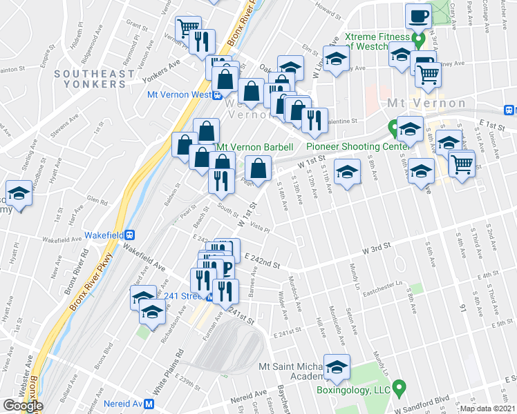 map of restaurants, bars, coffee shops, grocery stores, and more near 275 West 1st Street in Mount Vernon