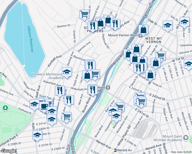 map of restaurants, bars, coffee shops, grocery stores, and more near 104 Glen Road in Yonkers