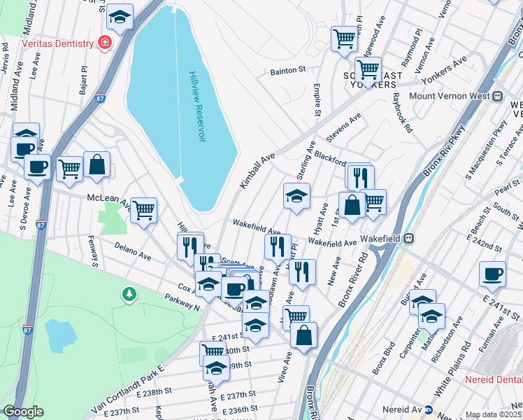 map of restaurants, bars, coffee shops, grocery stores, and more near 127 Glover Avenue in Yonkers