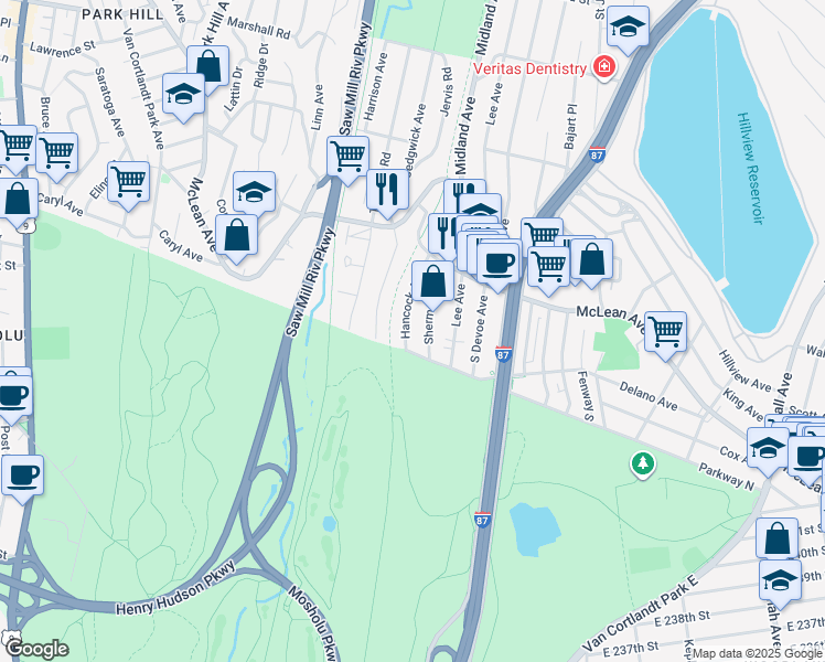 map of restaurants, bars, coffee shops, grocery stores, and more near 30 Sherman Avenue in Yonkers
