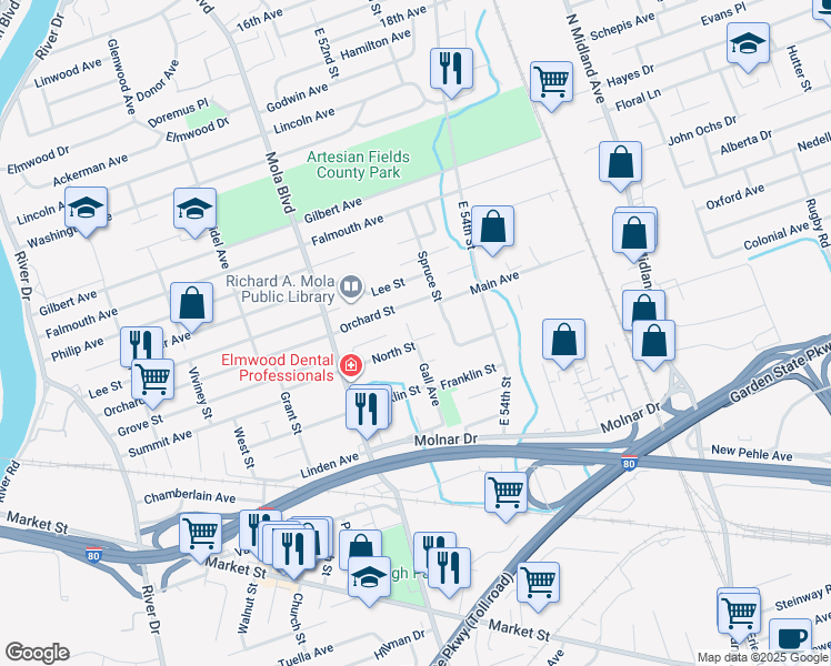 map of restaurants, bars, coffee shops, grocery stores, and more near 105 Gall Court in Elmwood Park