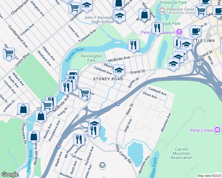 map of restaurants, bars, coffee shops, grocery stores, and more near 151 Carlisle Avenue in Paterson