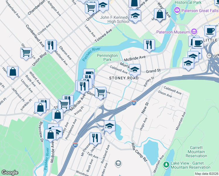 map of restaurants, bars, coffee shops, grocery stores, and more near 108-110 Nagle Street in Paterson