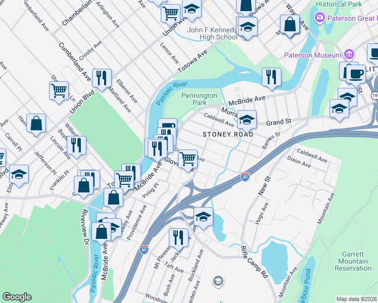 map of restaurants, bars, coffee shops, grocery stores, and more near 45 Danforth Avenue in Paterson