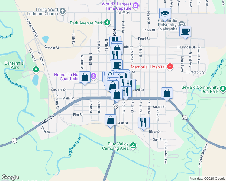 map of restaurants, bars, coffee shops, grocery stores, and more near 129 South 6th Street in Seward