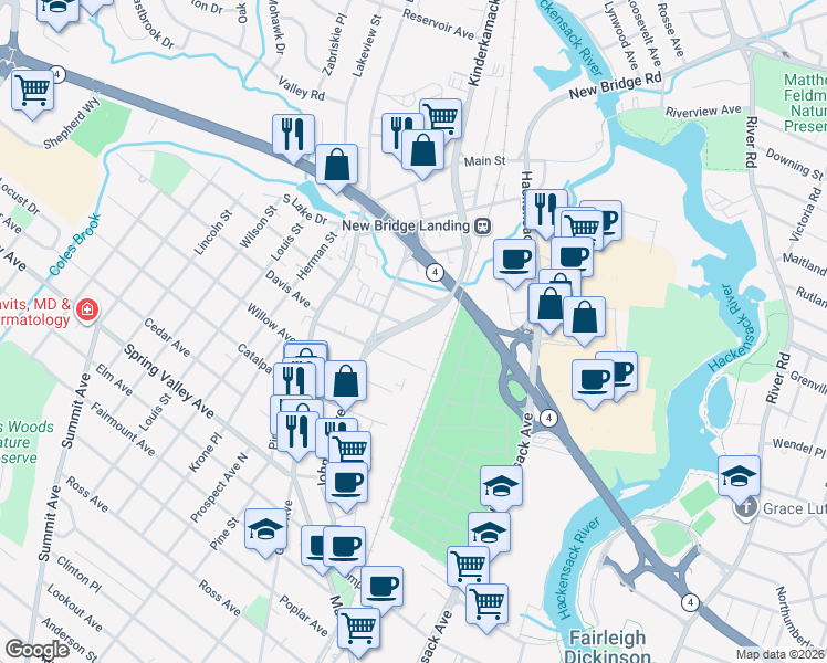 map of restaurants, bars, coffee shops, grocery stores, and more near 2 Kinderkamack Road in Hackensack