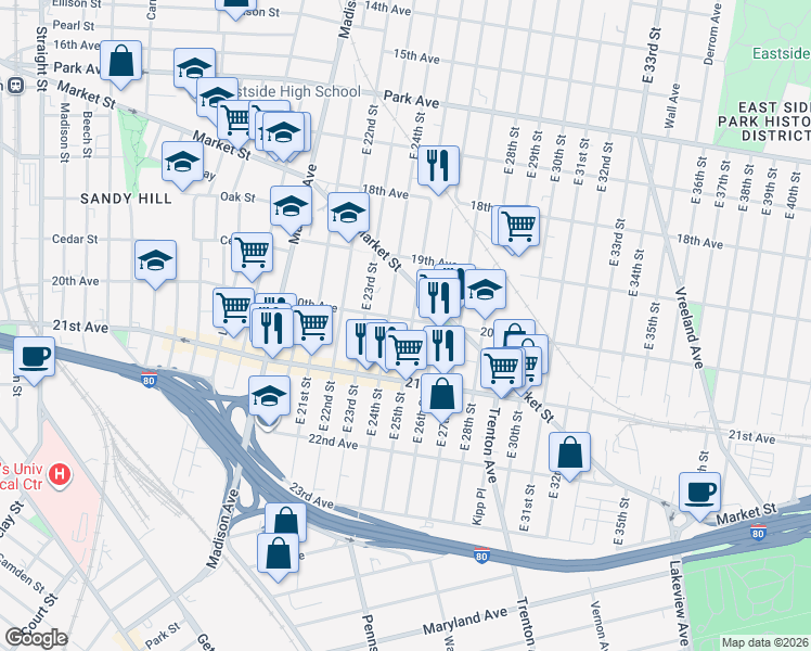map of restaurants, bars, coffee shops, grocery stores, and more near 395 20th Avenue in Paterson