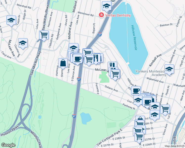 map of restaurants, bars, coffee shops, grocery stores, and more near 70 Cricklewood Road North in Yonkers