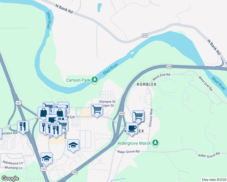 map of restaurants, bars, coffee shops, grocery stores, and more near 4801 Sierra Way in Arcata