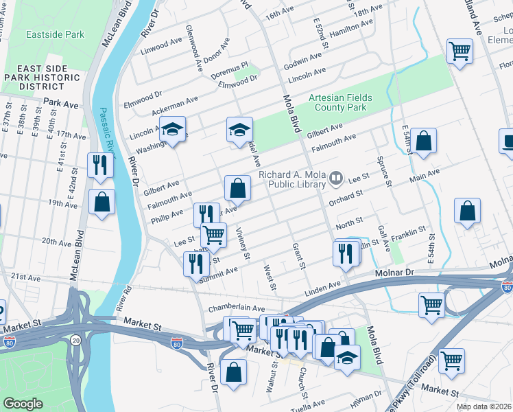 map of restaurants, bars, coffee shops, grocery stores, and more near 119 Miller Avenue in Elmwood Park