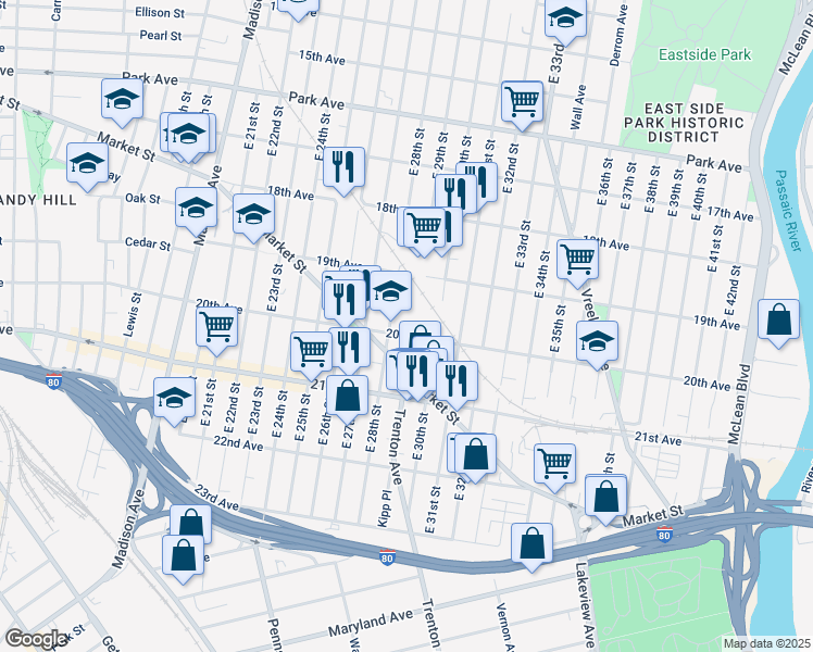 map of restaurants, bars, coffee shops, grocery stores, and more near 851 East 28th Street in Paterson