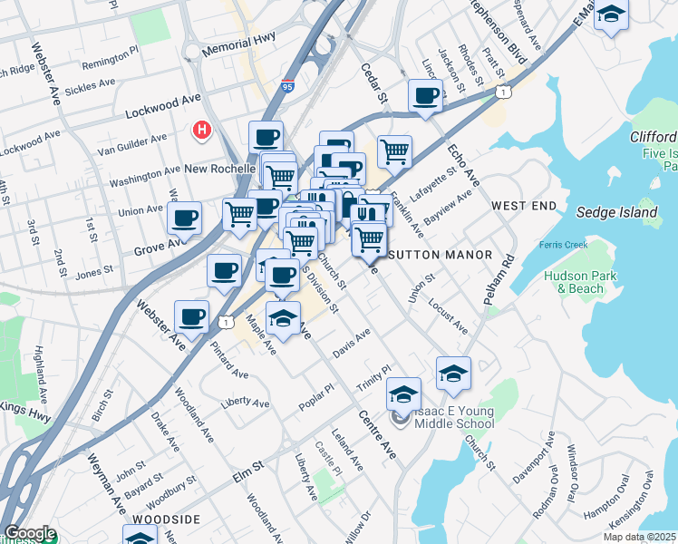 map of restaurants, bars, coffee shops, grocery stores, and more near in New Rochelle