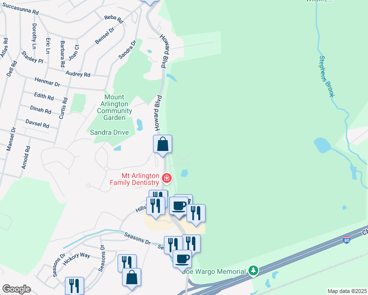 map of restaurants, bars, coffee shops, grocery stores, and more near 1 Post Road in Mount Arlington