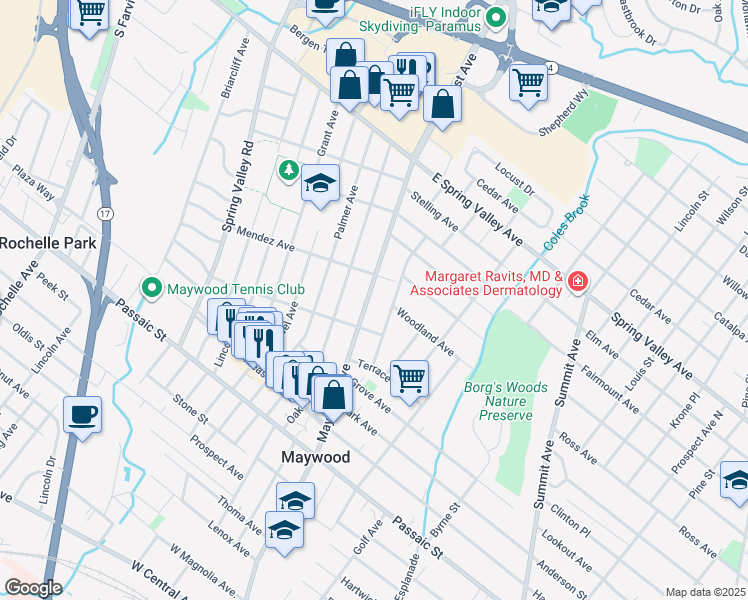 map of restaurants, bars, coffee shops, grocery stores, and more near 728 Maywood Avenue in Maywood