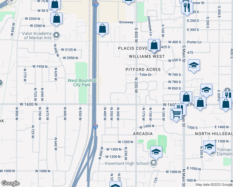 map of restaurants, bars, coffee shops, grocery stores, and more near 303 Pages Place Drive in Bountiful