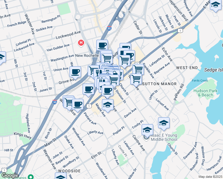 map of restaurants, bars, coffee shops, grocery stores, and more near 575 Main Street in New Rochelle