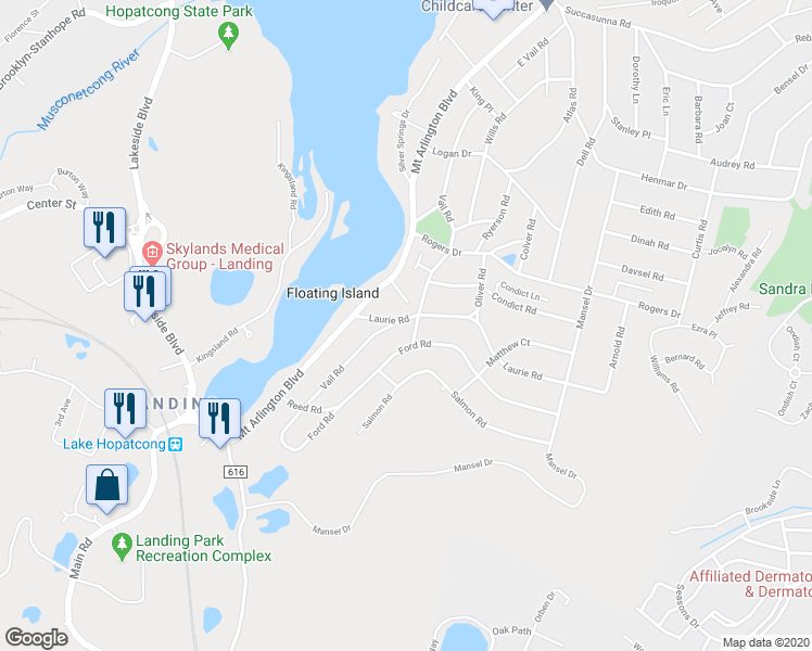 map of restaurants, bars, coffee shops, grocery stores, and more near 58 Vail Road in Roxbury Township