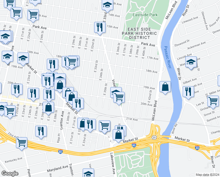 map of restaurants, bars, coffee shops, grocery stores, and more near 444 East 36th Street in Paterson