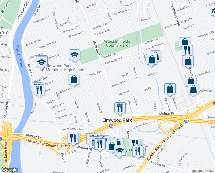 map of restaurants, bars, coffee shops, grocery stores, and more near 205 Orchard Street in Elmwood Park