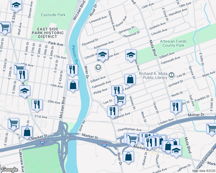 map of restaurants, bars, coffee shops, grocery stores, and more near 44 Falmouth Avenue in Elmwood Park