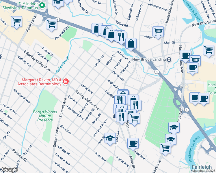 map of restaurants, bars, coffee shops, grocery stores, and more near 190 Louis Street in Hackensack