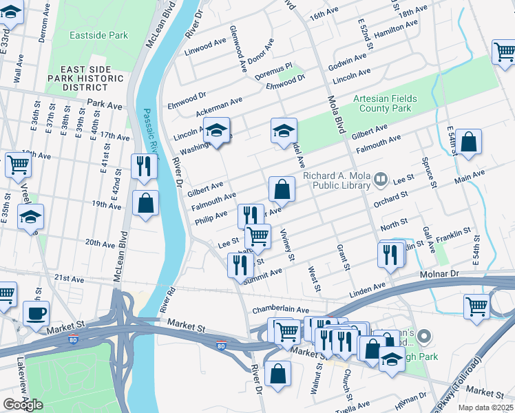 map of restaurants, bars, coffee shops, grocery stores, and more near 78 Philip Avenue in Elmwood Park