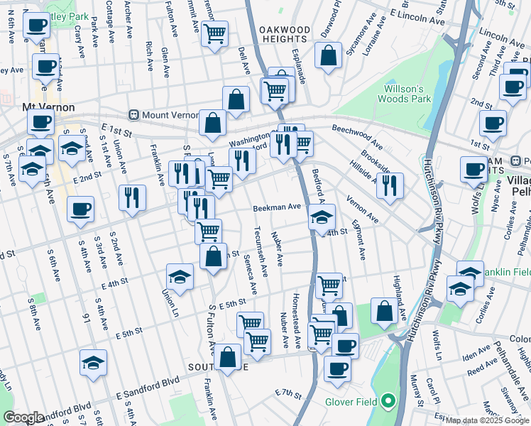 map of restaurants, bars, coffee shops, grocery stores, and more near 82 Beekman Avenue in Mount Vernon