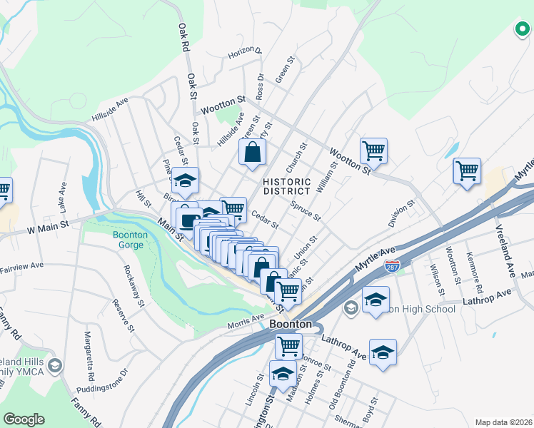 map of restaurants, bars, coffee shops, grocery stores, and more near 307 Church Street in Boonton