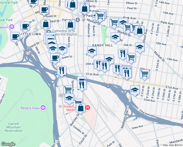 map of restaurants, bars, coffee shops, grocery stores, and more near 193 Beech Street in Paterson