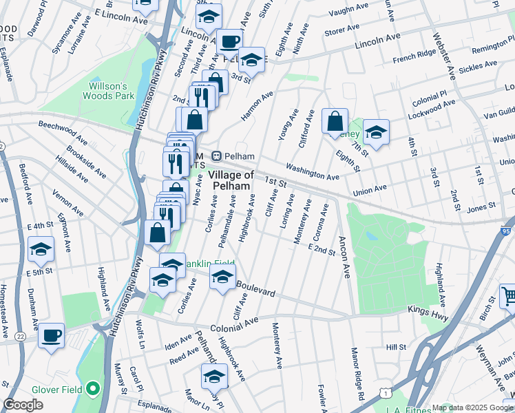 map of restaurants, bars, coffee shops, grocery stores, and more near 120 Highbrook Avenue in Village of Pelham