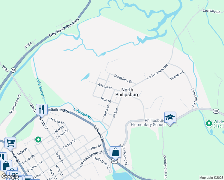 map of restaurants, bars, coffee shops, grocery stores, and more near 300-354 Adams St in Philipsburg