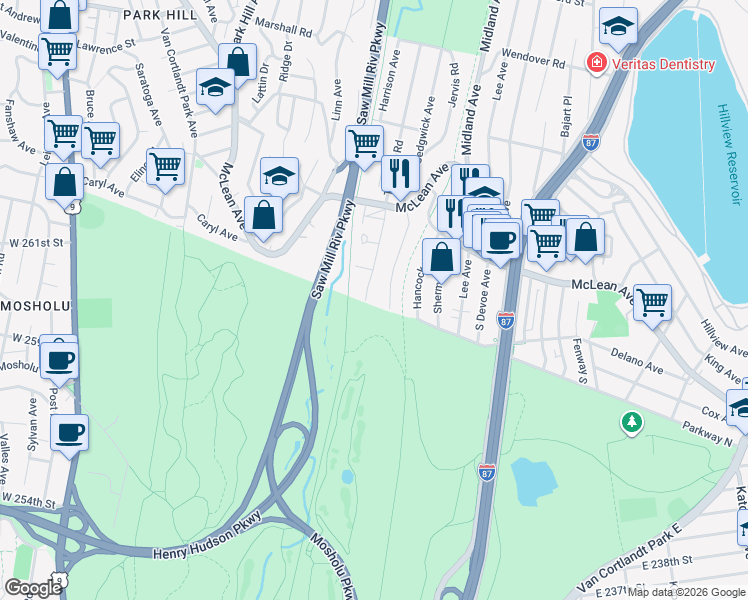 map of restaurants, bars, coffee shops, grocery stores, and more near 4 Tibbetts Road in Yonkers