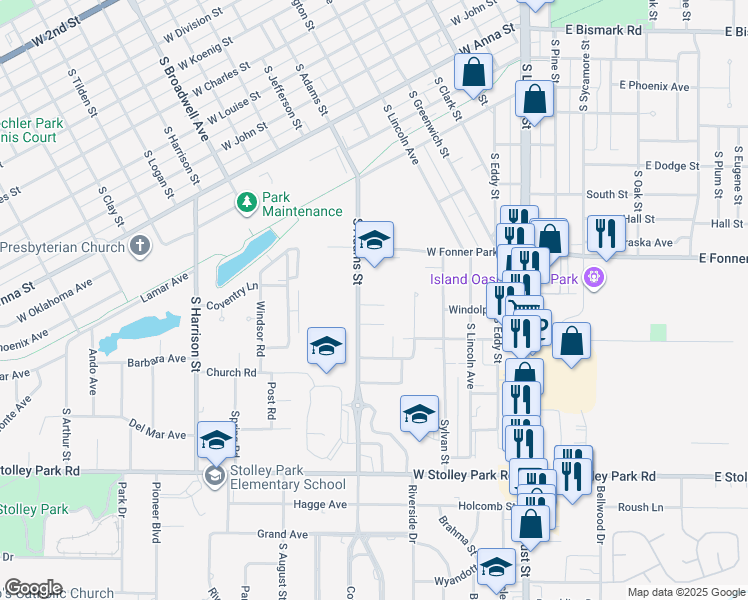 map of restaurants, bars, coffee shops, grocery stores, and more near 1403 South Adams Street in Grand Island