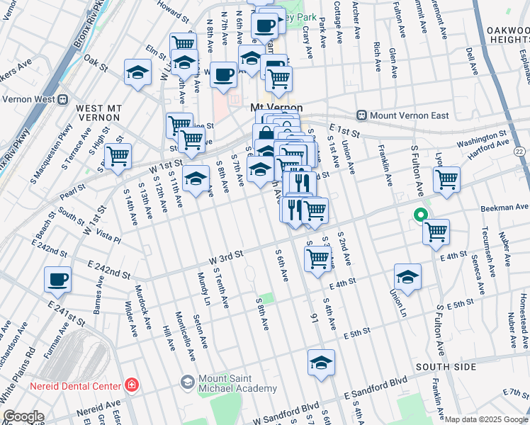 map of restaurants, bars, coffee shops, grocery stores, and more near 121 South 6th Avenue in Mount Vernon