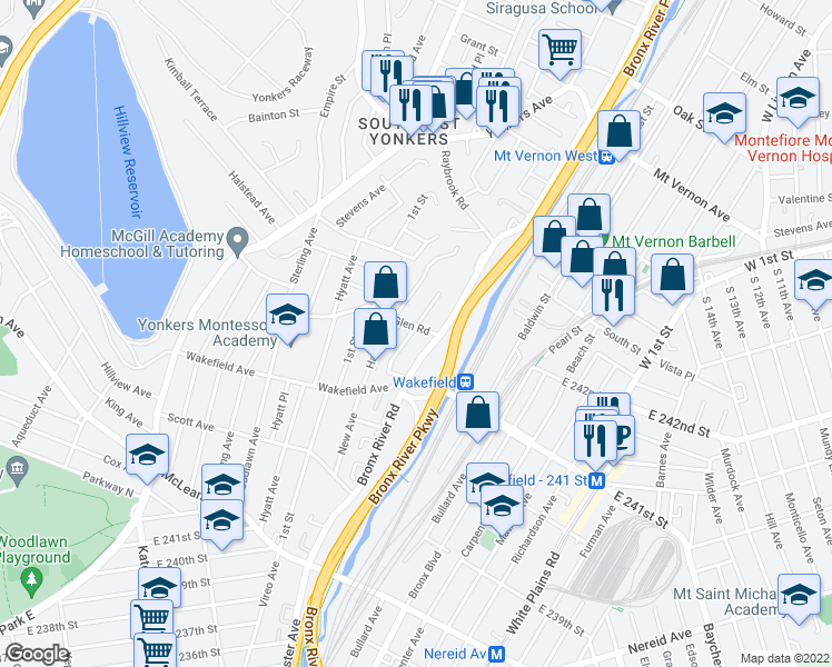 map of restaurants, bars, coffee shops, grocery stores, and more near 104 Glen Road in Yonkers