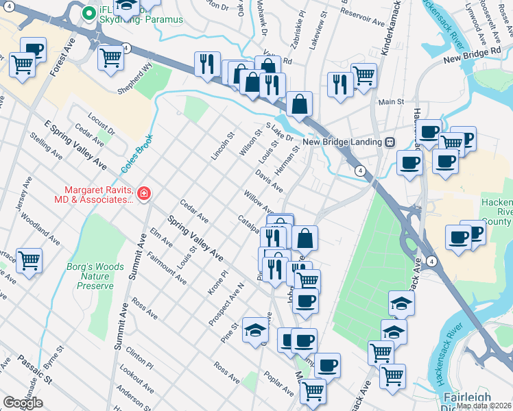 map of restaurants, bars, coffee shops, grocery stores, and more near 34 Willow Avenue in Hackensack
