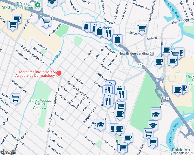 map of restaurants, bars, coffee shops, grocery stores, and more near 190 Louis Street in Hackensack